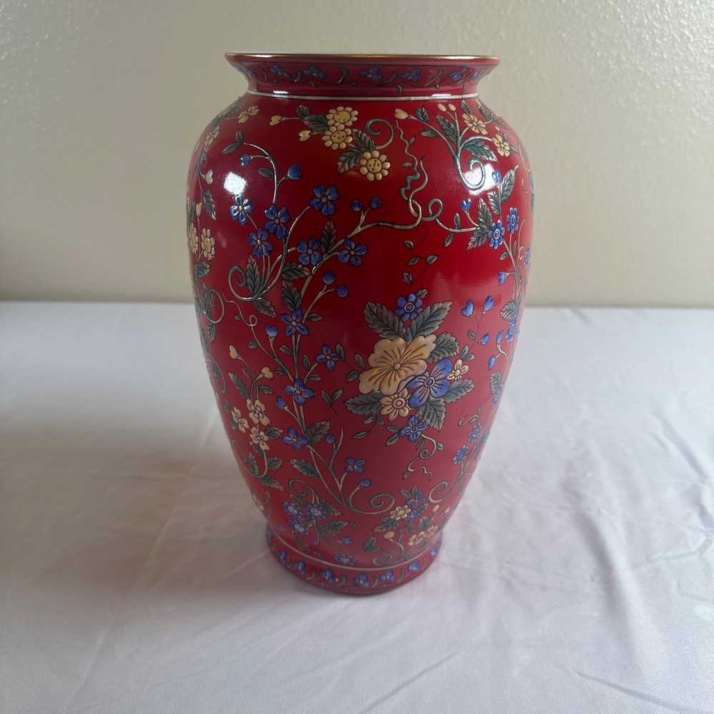 Signature Home Collection Red Floral Ceramic Decorative Vase Chinoiserie Style